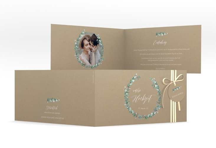 Hochzeitseinladung Silverleaf lange Klappkarte quer Kraftpapier mit Eukalyptus-Zweig