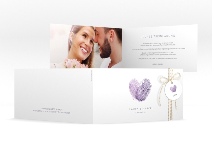 Hochzeitseinladung Fingerprint lange Klappkarte quer lila schlicht mit Fingerabdruck-Motiv