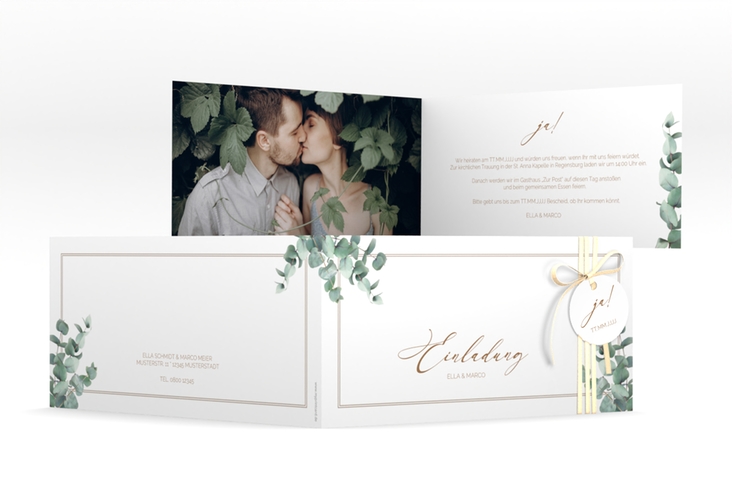 Hochzeitseinladung Eucalypt lange Klappkarte quer weiss mit Eukalyptus und edlem Rahmen