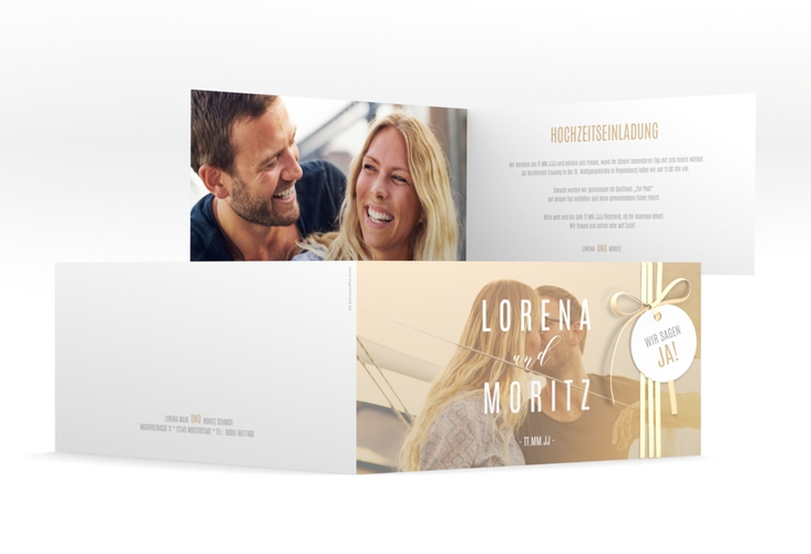 Hochzeitseinladung Memory lange Klappkarte quer beige