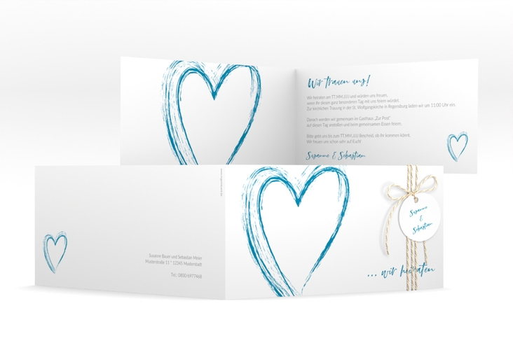 Hochzeitseinladung Liebe lange Klappkarte quer tuerkis hochglanz