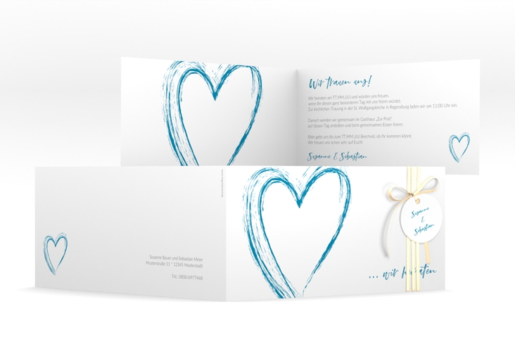 Hochzeitseinladung Liebe lange Klappkarte quer tuerkis hochglanz