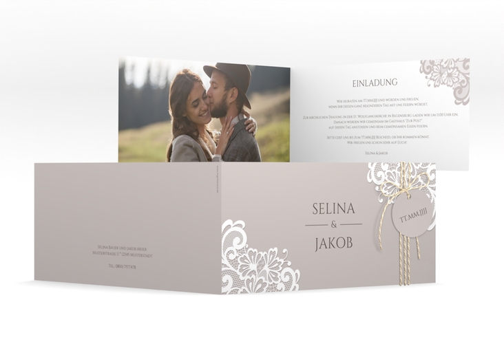 Hochzeitseinladung Vintage lange Klappkarte quer mit floraler Spitze
