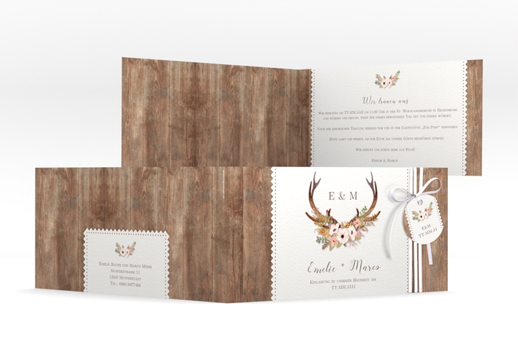 Hochzeitseinladung Heimatjuwel lange Klappkarte quer braun hochglanz mit Hirschgeweih und Holz-Hintergrund