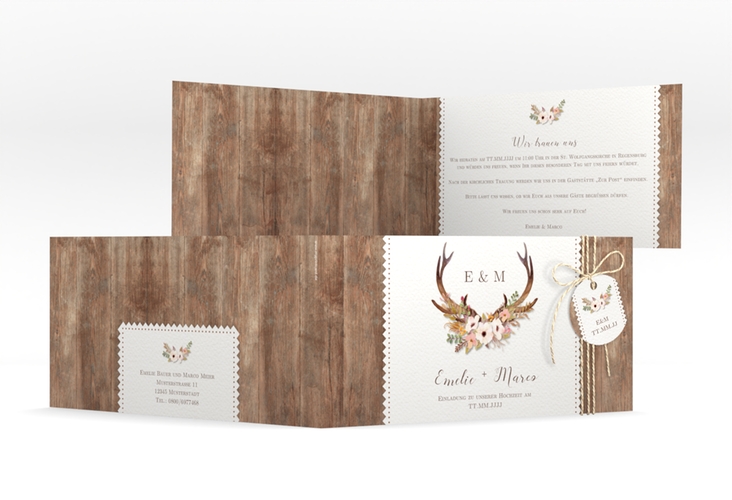 Hochzeitseinladung Heimatjuwel lange Klappkarte quer braun hochglanz mit Hirschgeweih und Holz-Hintergrund