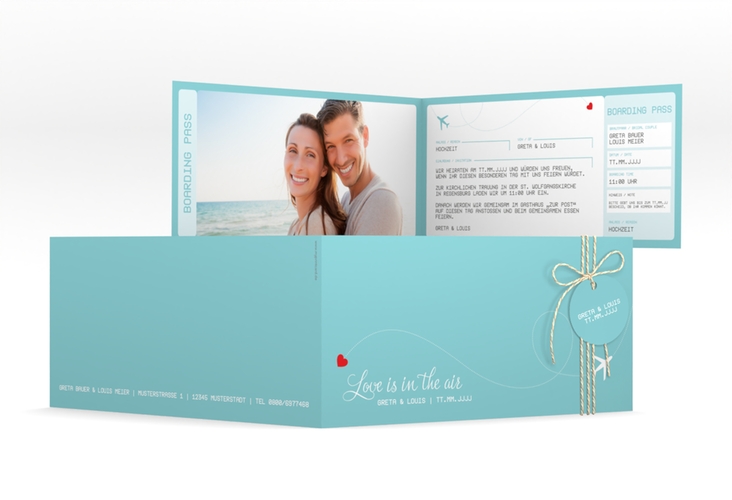 Hochzeitseinladung Weddingpass lange Klappkarte quer blau
