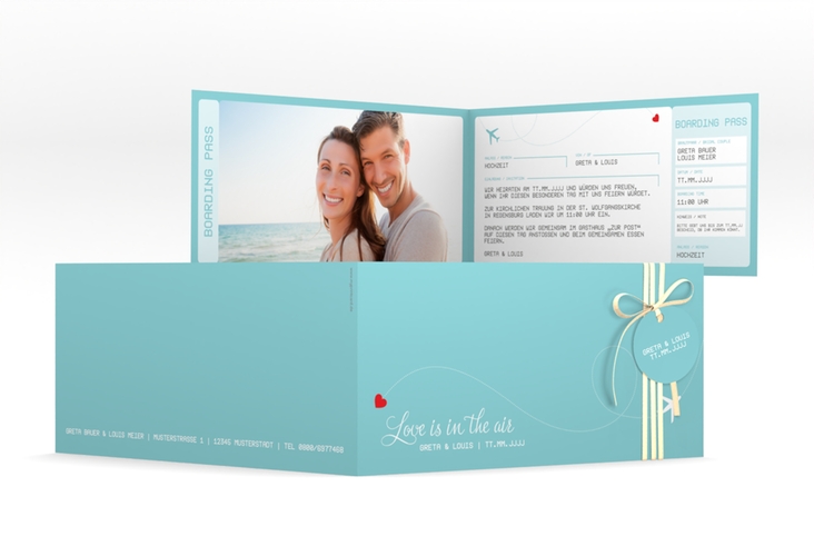 Hochzeitseinladung Weddingpass lange Klappkarte quer blau