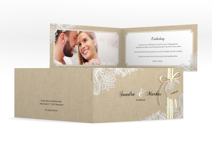 Hochzeitseinladung Lace lange Klappkarte quer in Leinen-Optik mit weißer Spitze