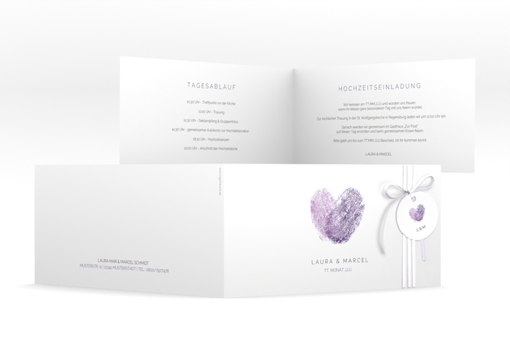 Hochzeitseinladung Fingerprint lange Klappkarte quer lila schlicht mit Fingerabdruck-Motiv