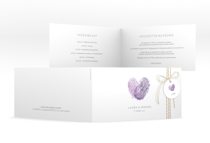 Hochzeitseinladung Fingerprint lange Klappkarte quer lila schlicht mit Fingerabdruck-Motiv