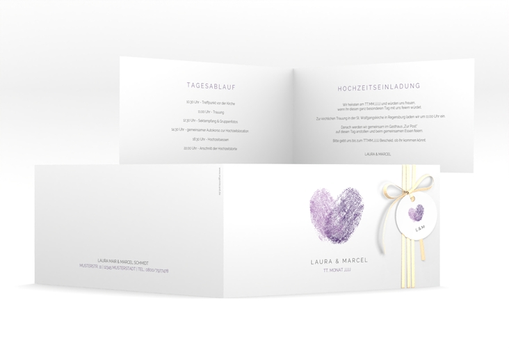 Hochzeitseinladung Fingerprint lange Klappkarte quer lila schlicht mit Fingerabdruck-Motiv