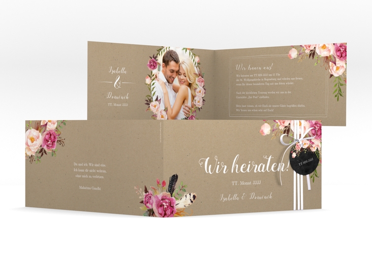 Hochzeitseinladung Flowers lange Klappkarte quer Kraftpapier mit bunten Aquarell-Blumen