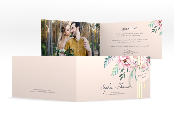 Hochzeitseinladung Blooming lange Klappkarte quer rosa