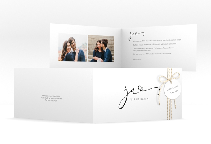 Hochzeitseinladung Jawort lange Klappkarte quer weiss hochglanz modern minimalistisch mit veredelter Aufschrift