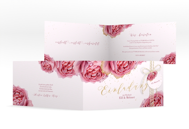 Hochzeitseinladung Cherie lange Klappkarte quer rosa
