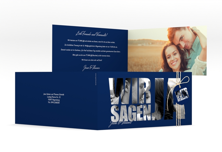 Hochzeitseinladung Letters lange Klappkarte quer blau