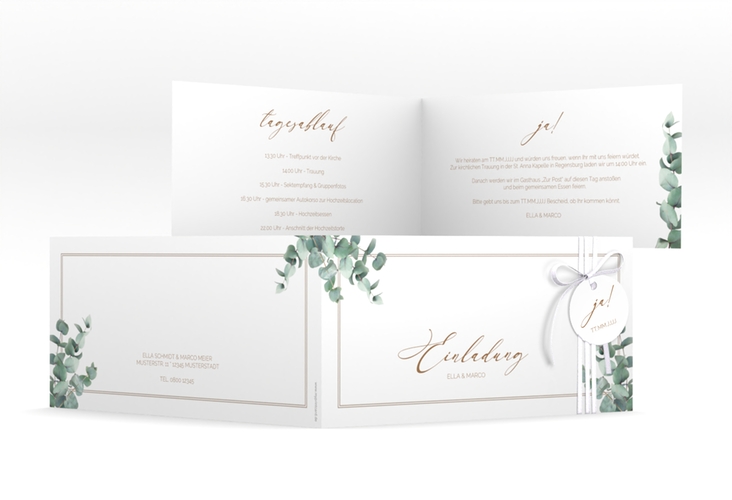 Hochzeitseinladung Eucalypt lange Klappkarte quer weiss mit Eukalyptus und edlem Rahmen