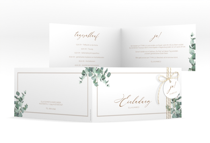 Hochzeitseinladung Eucalypt lange Klappkarte quer weiss mit Eukalyptus und edlem Rahmen