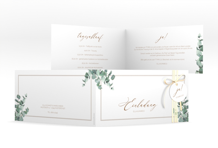 Hochzeitseinladung Eucalypt lange Klappkarte quer weiss mit Eukalyptus und edlem Rahmen