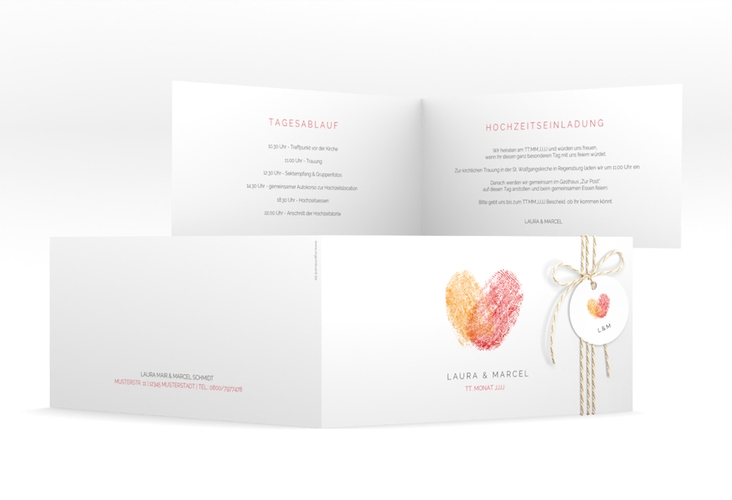 Hochzeitseinladung Fingerprint lange Klappkarte quer rot hochglanz schlicht mit Fingerabdruck-Motiv