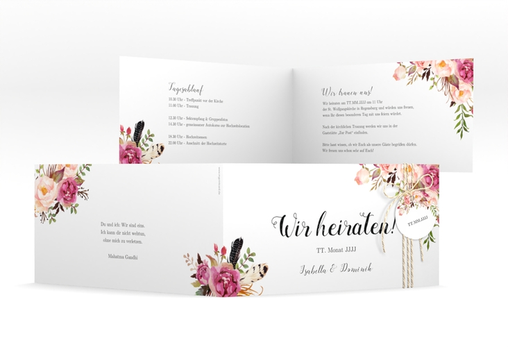Hochzeitseinladung Flowers lange Klappkarte quer weiss hochglanz mit bunten Aquarell-Blumen