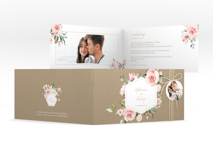 Hochzeitseinladung Graceful lange Klappkarte quer Kraftpapier hochglanz mit Rosenblüten in Rosa und Weiß