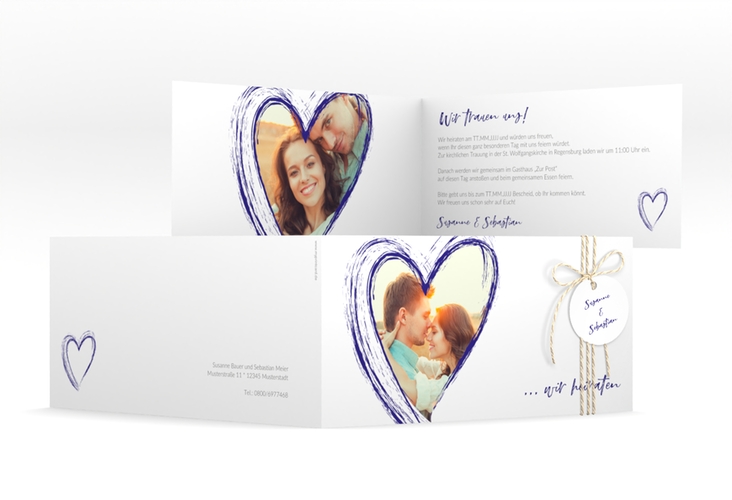 Hochzeitseinladung Liebe lange Klappkarte quer blau hochglanz