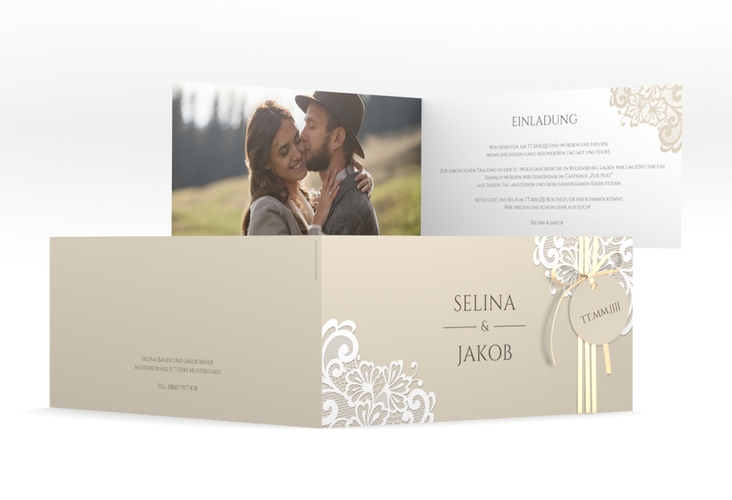 Hochzeitseinladung Vintage lange Klappkarte quer hochglanz mit floraler Spitze