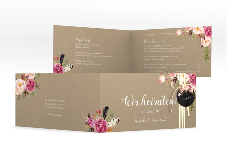 Hochzeitseinladung Flowers lange Klappkarte quer Kraftpapier hochglanz mit bunten Aquarell-Blumen