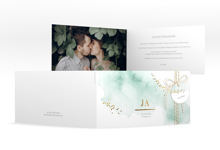 Hochzeitseinladung Pastell lange Klappkarte quer mint hochglanz