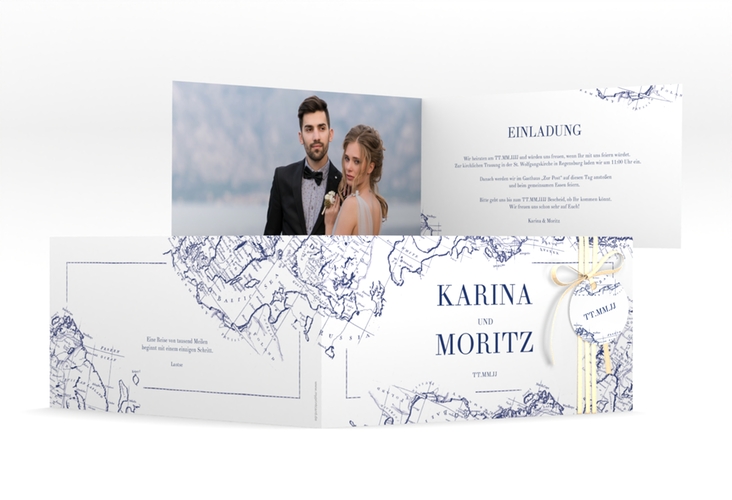 Hochzeitseinladung Voyage lange Klappkarte quer blau