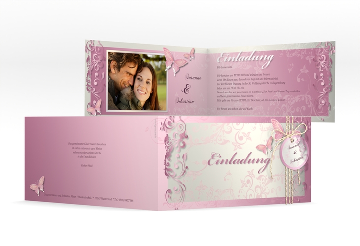 Hochzeitseinladung Toulouse lange Klappkarte quer rosa