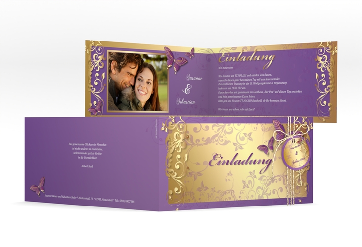 Hochzeitseinladung Toulouse lange Klappkarte quer lila hochglanz
