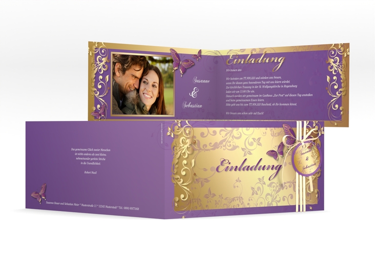 Hochzeitseinladung Toulouse lange Klappkarte quer lila hochglanz
