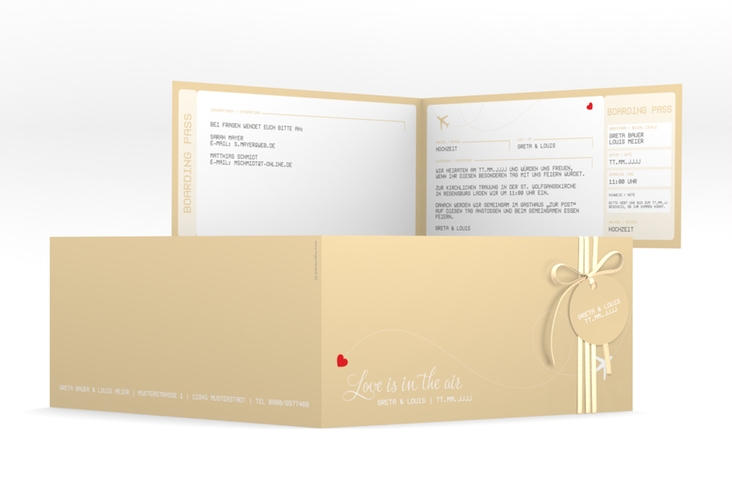 Hochzeitseinladung Weddingpass lange Klappkarte quer beige