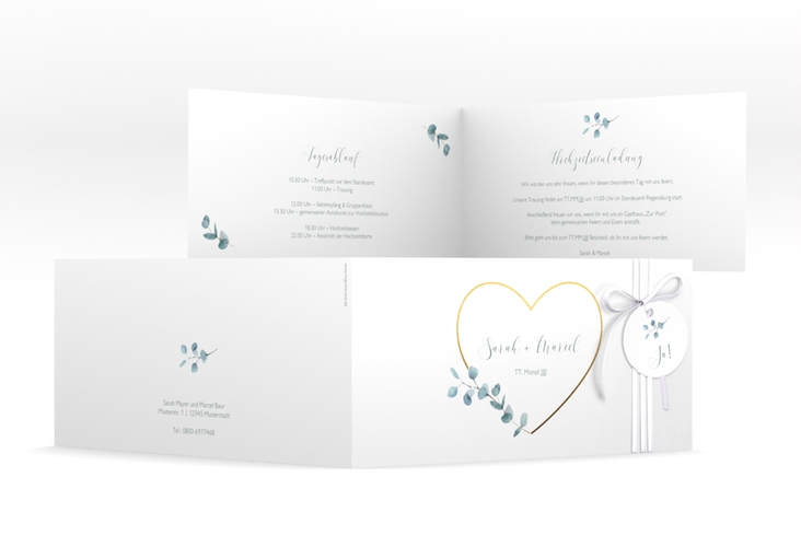 Hochzeitseinladung Greenheart lange Klappkarte quer hochglanz mit elegantem Herz und Eukalyptus-Zweig