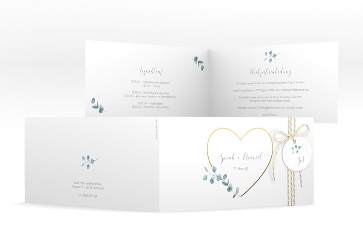 Hochzeitseinladung Greenheart lange Klappkarte quer hochglanz mit elegantem Herz und Eukalyptus-Zweig