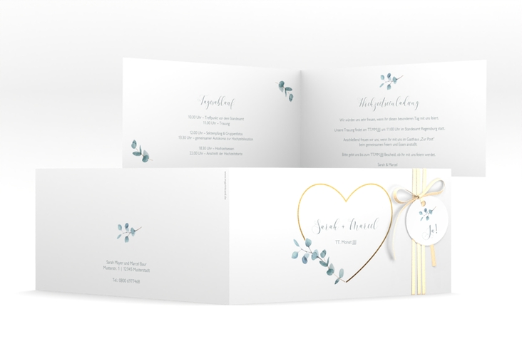 Hochzeitseinladung Greenheart lange Klappkarte quer hochglanz mit elegantem Herz und Eukalyptus-Zweig