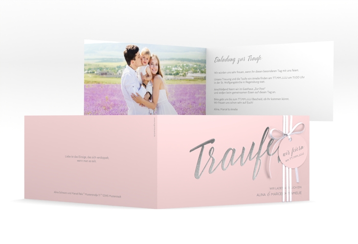 Hochzeitseinladung Traufe lange Klappkarte quer rosa