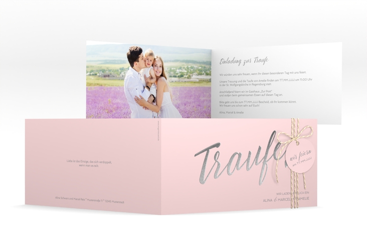 Hochzeitseinladung Traufe lange Klappkarte quer rosa