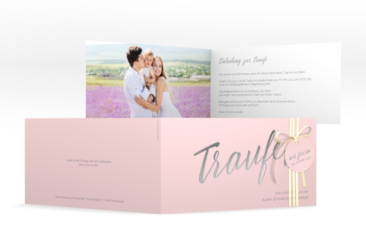 Hochzeitseinladung Traufe lange Klappkarte quer rosa