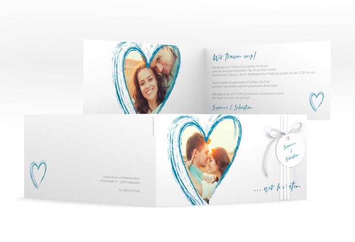 Hochzeitseinladung Liebe lange Klappkarte quer tuerkis