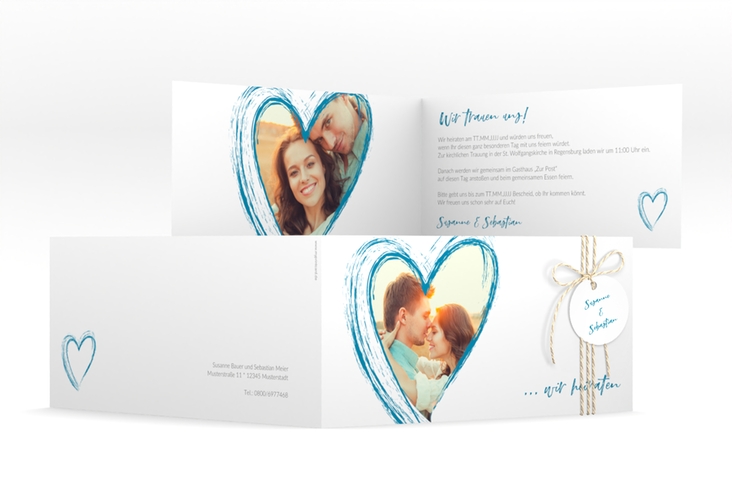 Hochzeitseinladung Liebe lange Klappkarte quer tuerkis