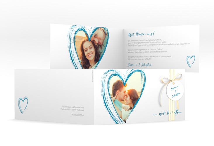 Hochzeitseinladung Liebe lange Klappkarte quer tuerkis