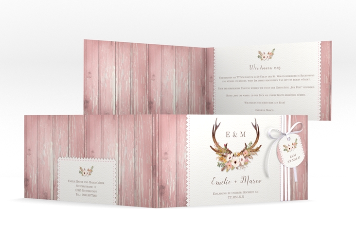 Hochzeitseinladung Heimatjuwel lange Klappkarte quer rosa mit Hirschgeweih und Holz-Hintergrund