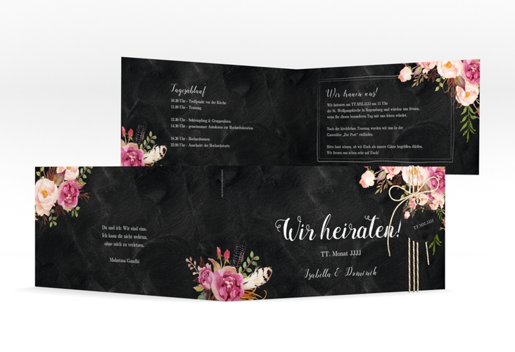 Hochzeitseinladung Flowers lange Klappkarte quer schwarz mit bunten Aquarell-Blumen