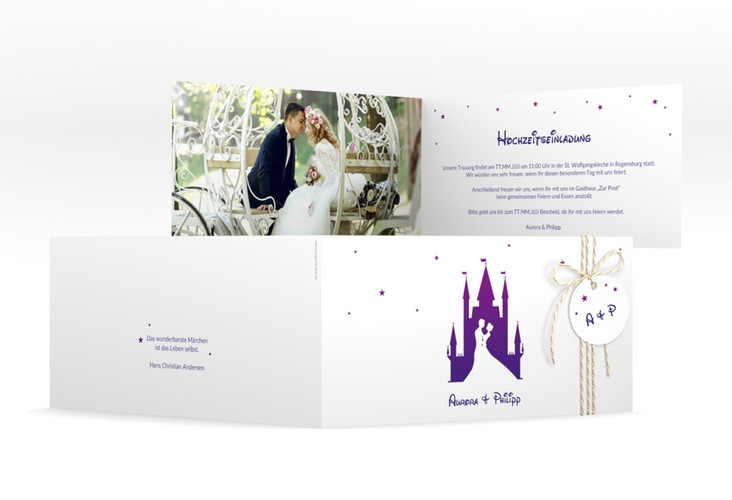 Hochzeitseinladung Castle lange Klappkarte quer lila hochglanz