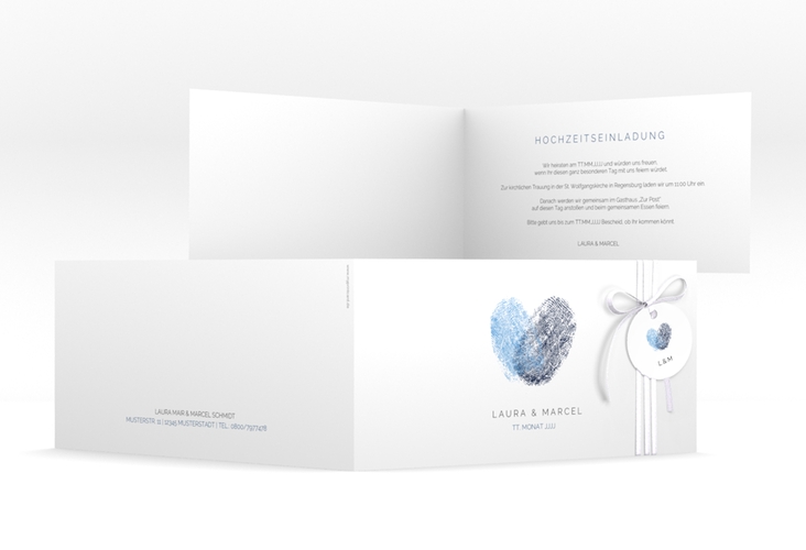 Hochzeitseinladung Fingerprint lange Klappkarte quer blau schlicht mit Fingerabdruck-Motiv
