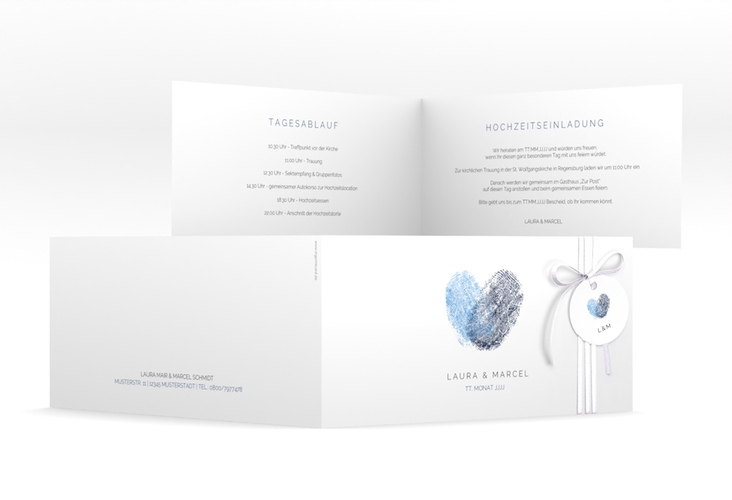 Hochzeitseinladung Fingerprint lange Klappkarte quer blau hochglanz schlicht mit Fingerabdruck-Motiv