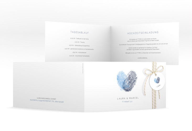 Hochzeitseinladung Fingerprint lange Klappkarte quer blau hochglanz schlicht mit Fingerabdruck-Motiv